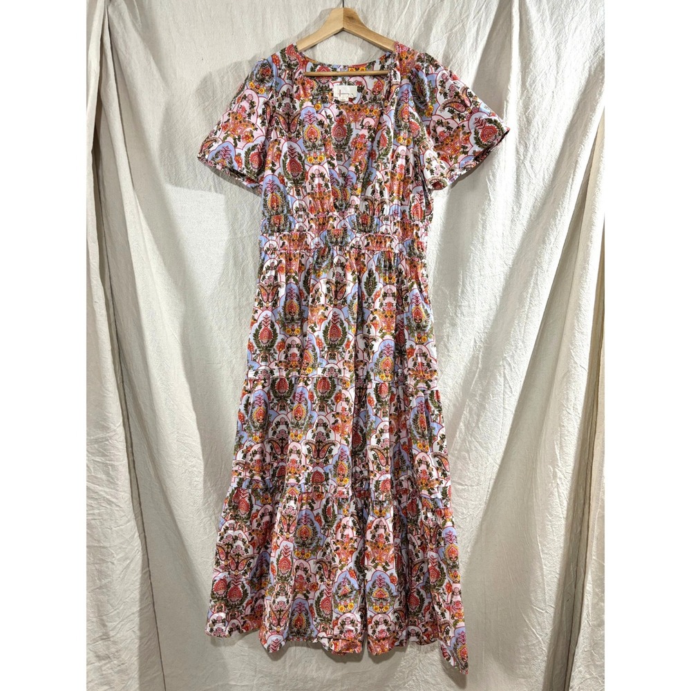 Anthropologie Cotton Paisley Floral Tiered Maxi Dress Pink Blue Large
